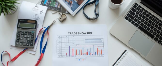 the image shows a desk with a computer, a calculator and a chart depicting an analysis of a trade show ROI