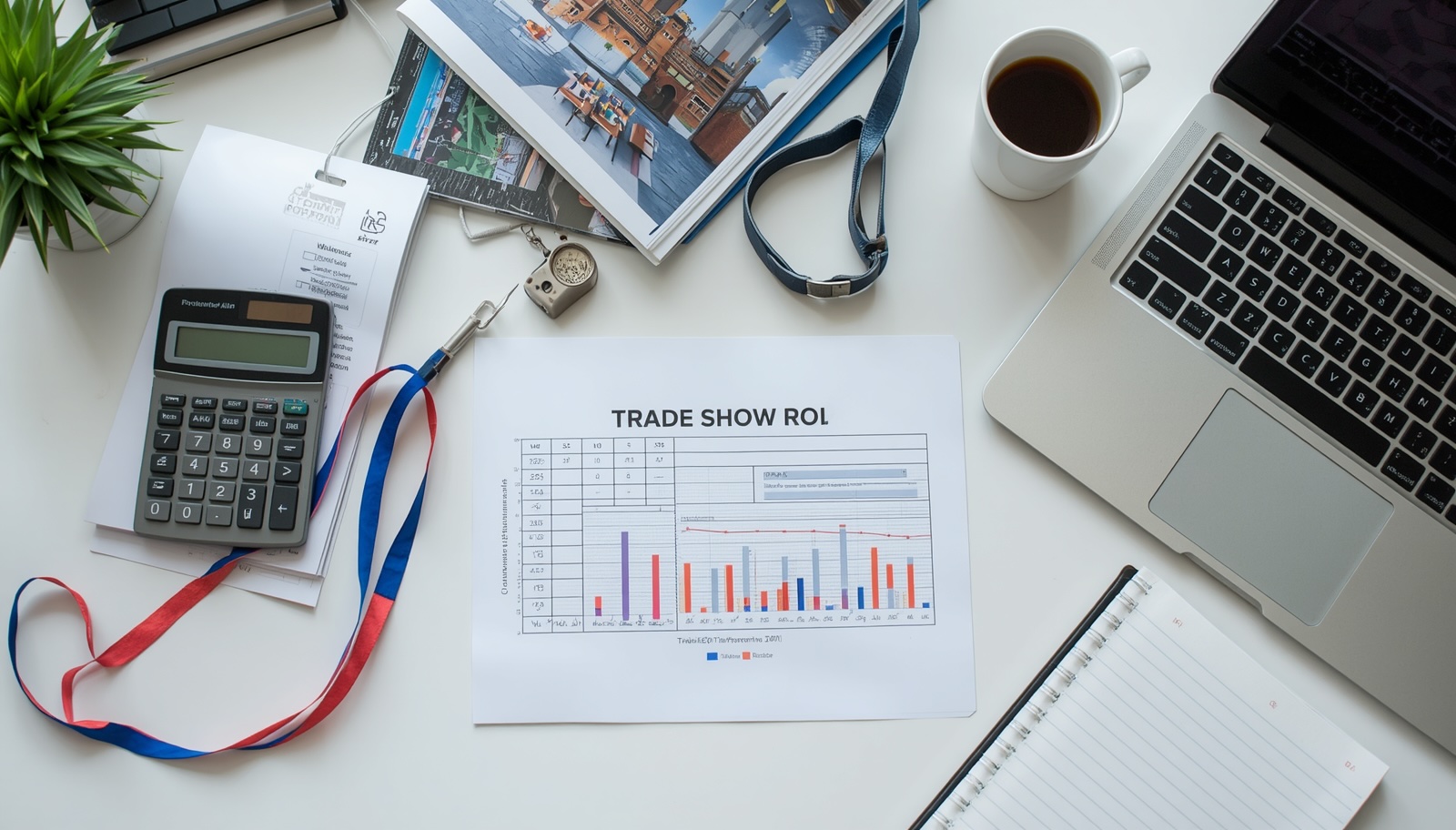 the image shows a desk with a computer, a calculator and a chart depicting an analysis of a trade show ROI